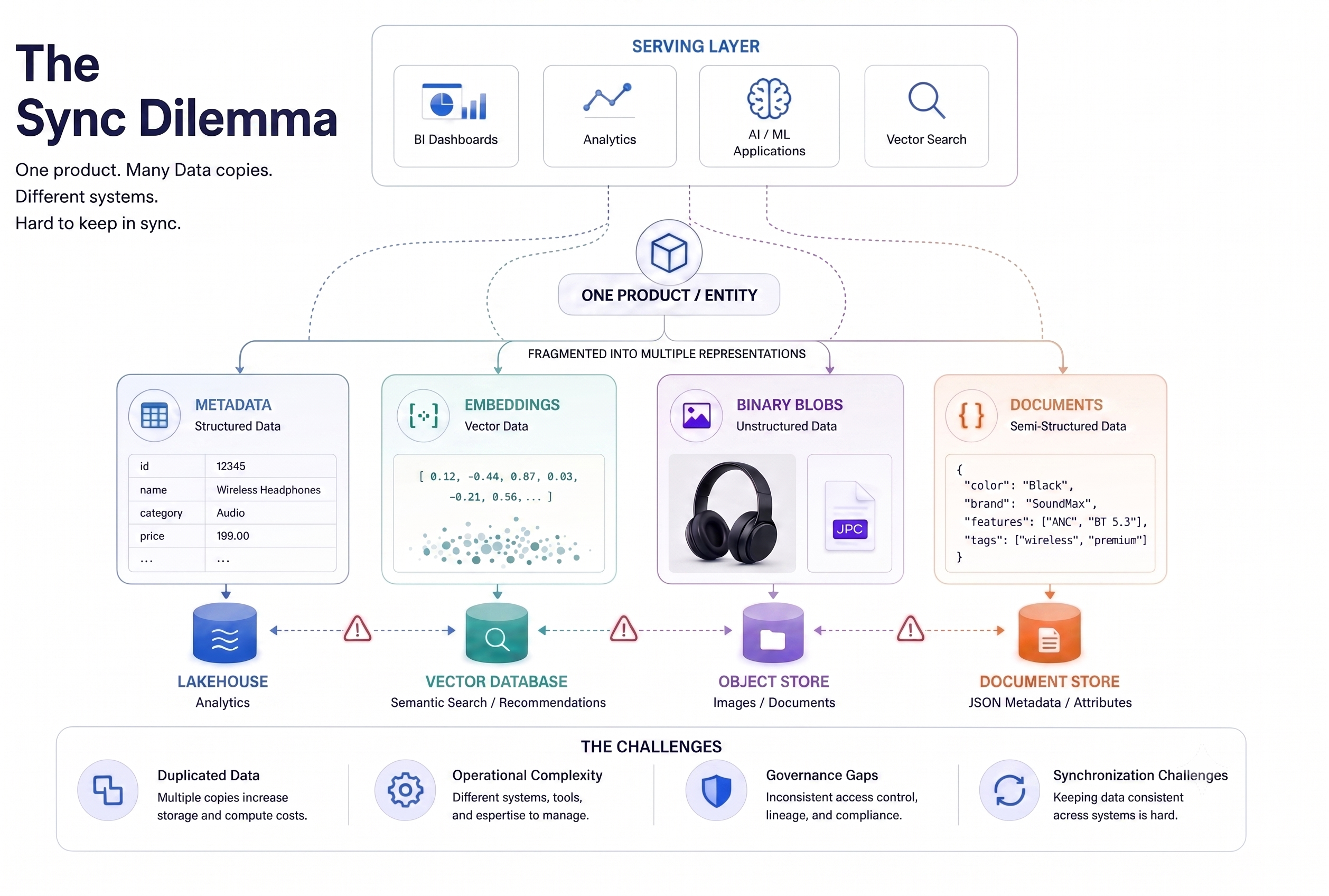 Modern AI architectures often distribute structured data, embeddings, binary assets, and semi-structured payloads across multiple systems, creating duplication, synchronization challenges, governance gaps, and operational complexity.
