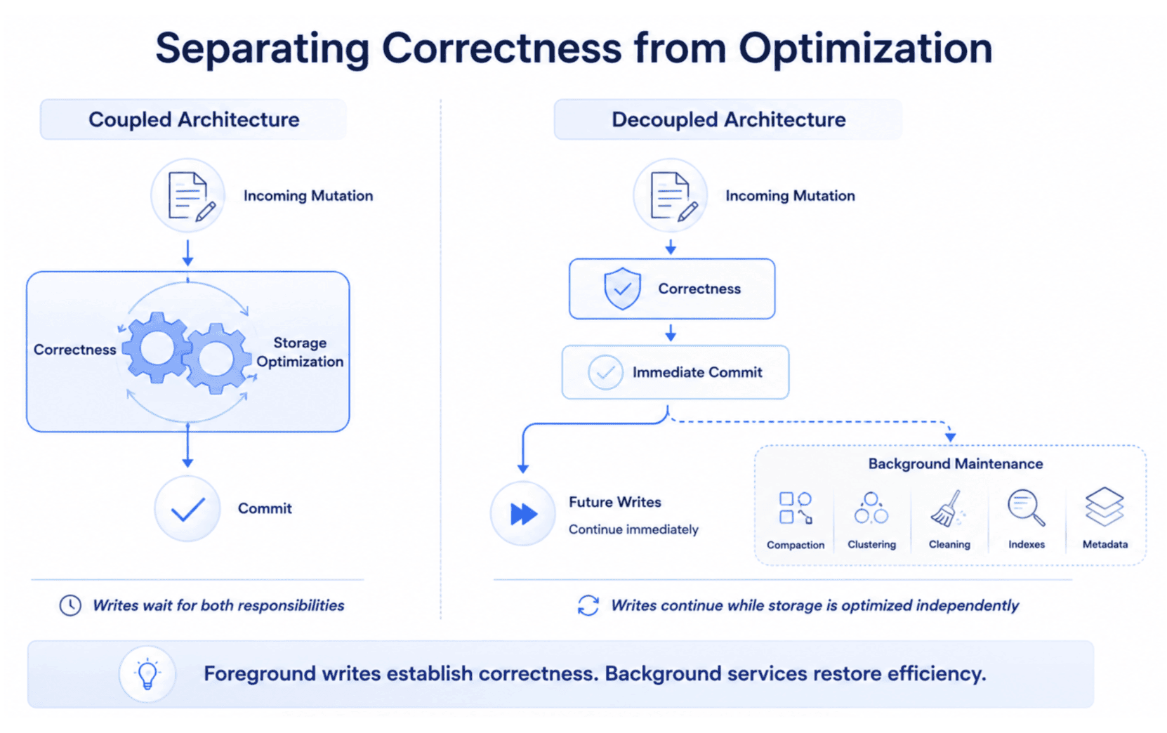 Merge-On-Read separates correctness from optimization